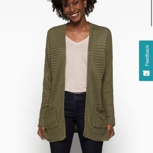 Army green long knit open cardigan with pockets
